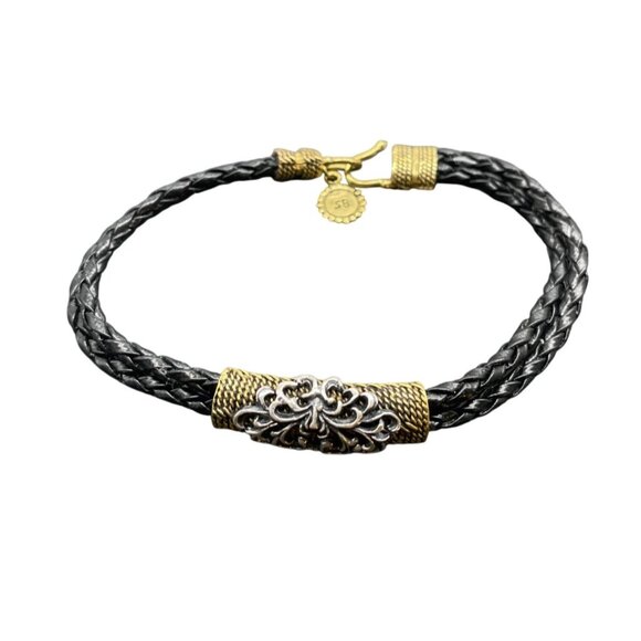 Braided Leather Bracelet With Ornate Gold-Toned Clasp & SB Logo Charm - Picture 1 of 4